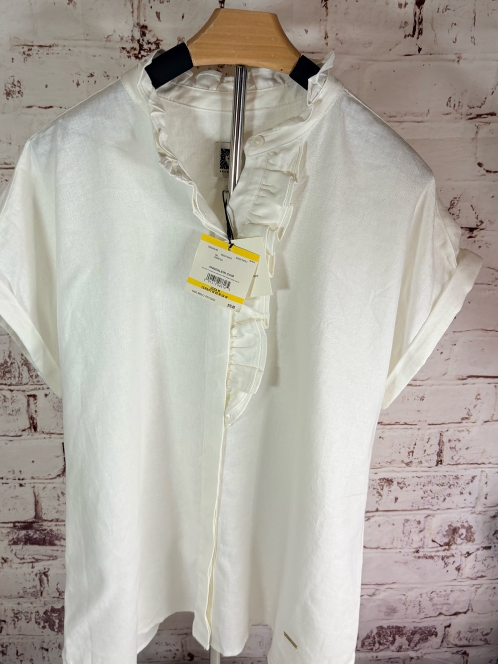 Anne Klein White Short-Sleeve Ruffle Placket Shirt